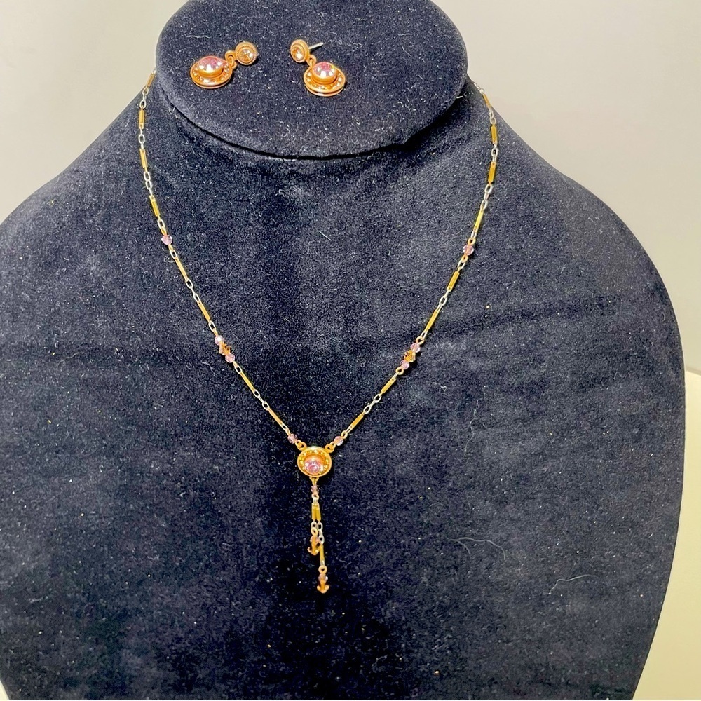Liz Palacios SF Gold Tone and Pink Rhinestones Lariat Necklace and Earrings